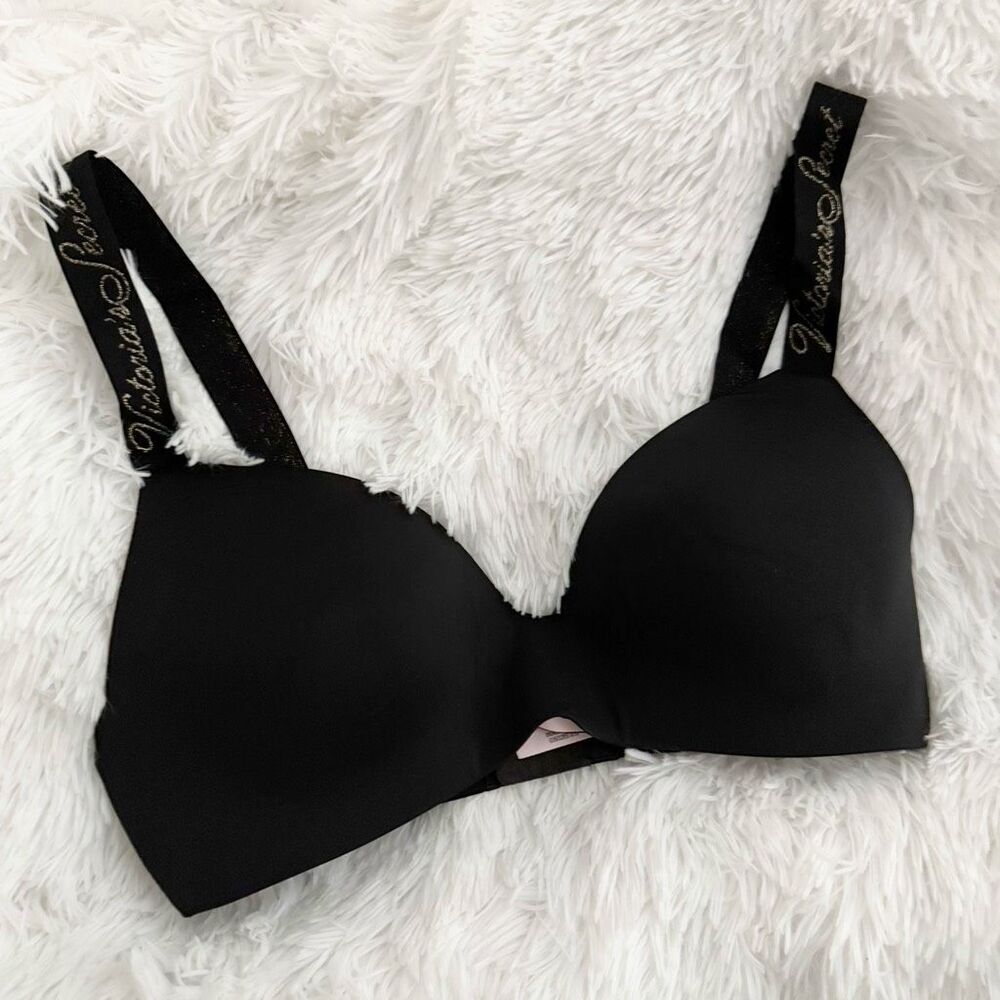 VICTORIA'S SECRET | Black Pink Sparkle T-Shirt Bra Lightly Padded Wordmark | 36D